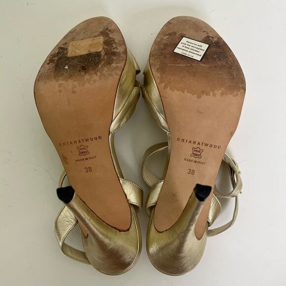 Brian Atwood Crystal Embellished High Heels Metallic Gold Ankle Strap Italy 38 8 - Picture 11 of 12